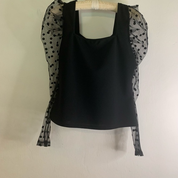 Shein Black Top Embellished Sweater Sheer Polka Dot Puff Long Sleeve Womens Sz L - Picture 11 of 16